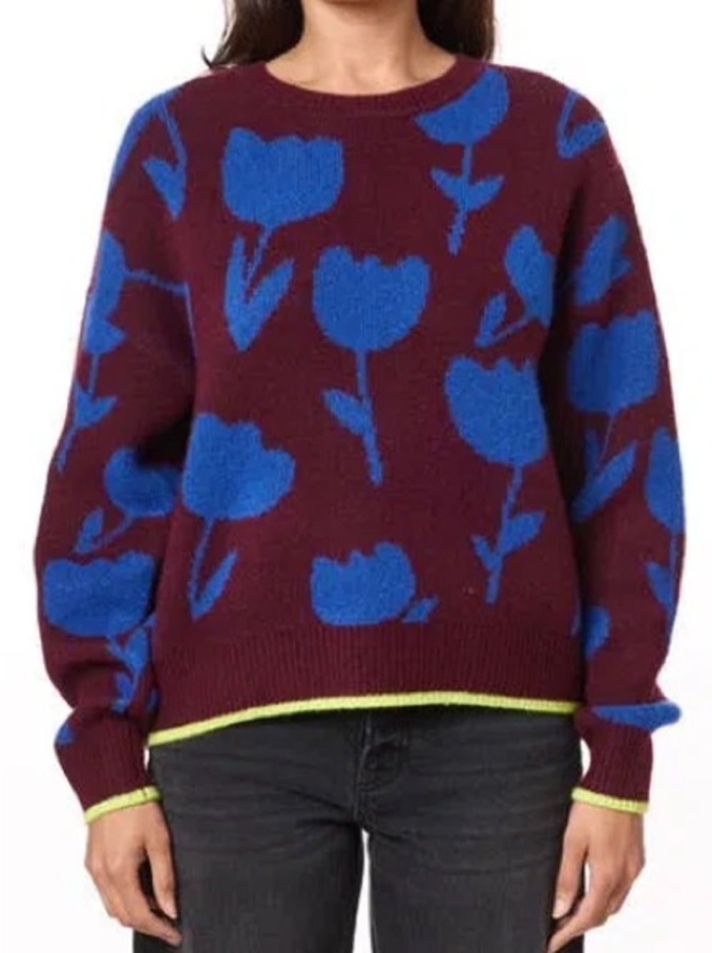 Scotch & Soda Tulip Intarsia Knit Sweater Burgundy Blue Neon Trim S